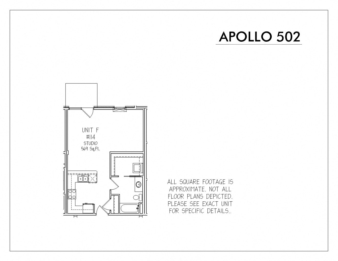 Floor plan for studio, 1 bath, 569 sqft